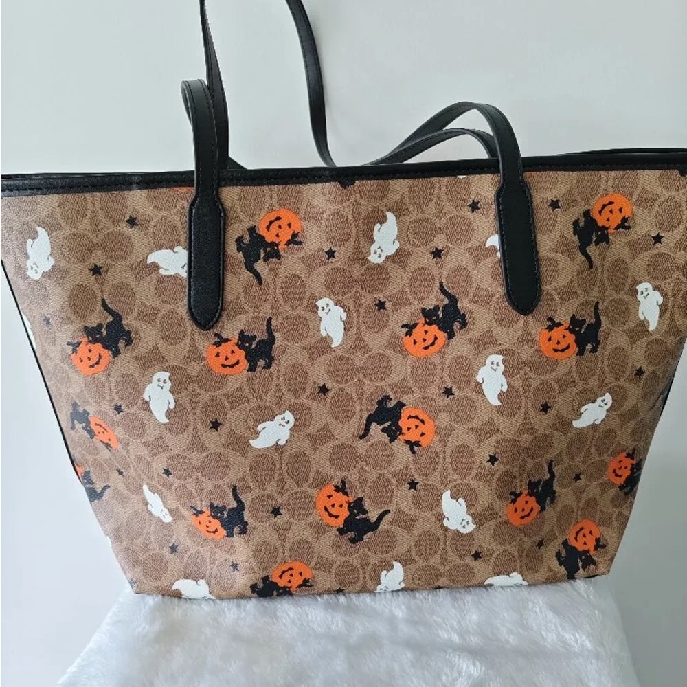 COACH City Tote In Signature Canvas Halloween Graphic Print Leather Bag Purse